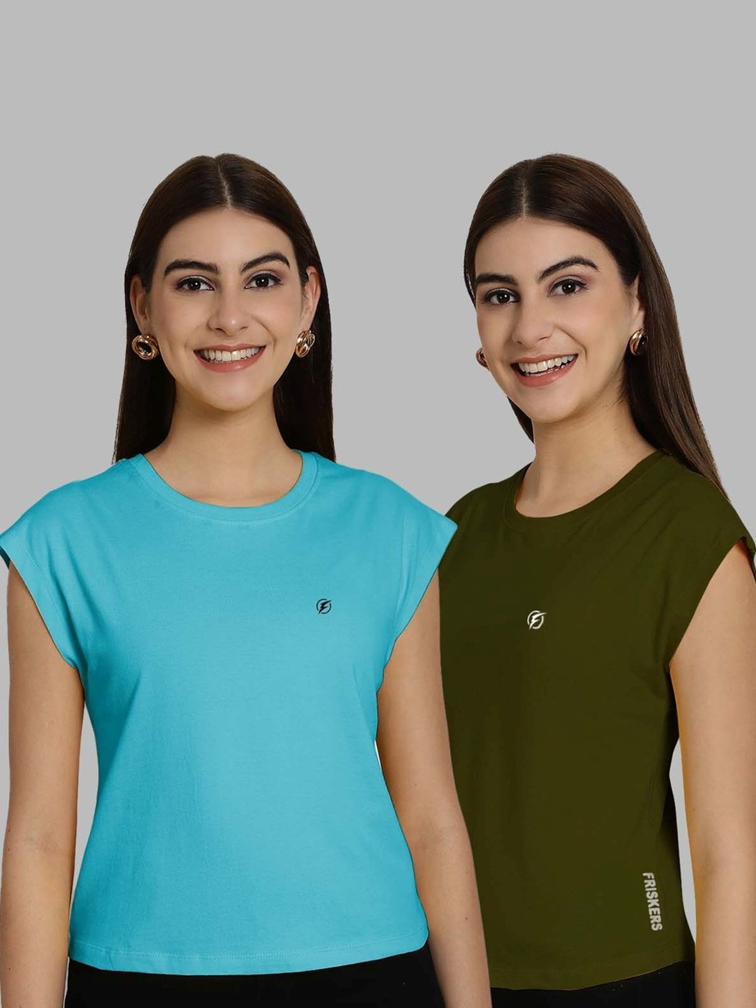 Friskers Turquoise & Olive Green Slim Fit Sports T-Shirts - Pack Of 2