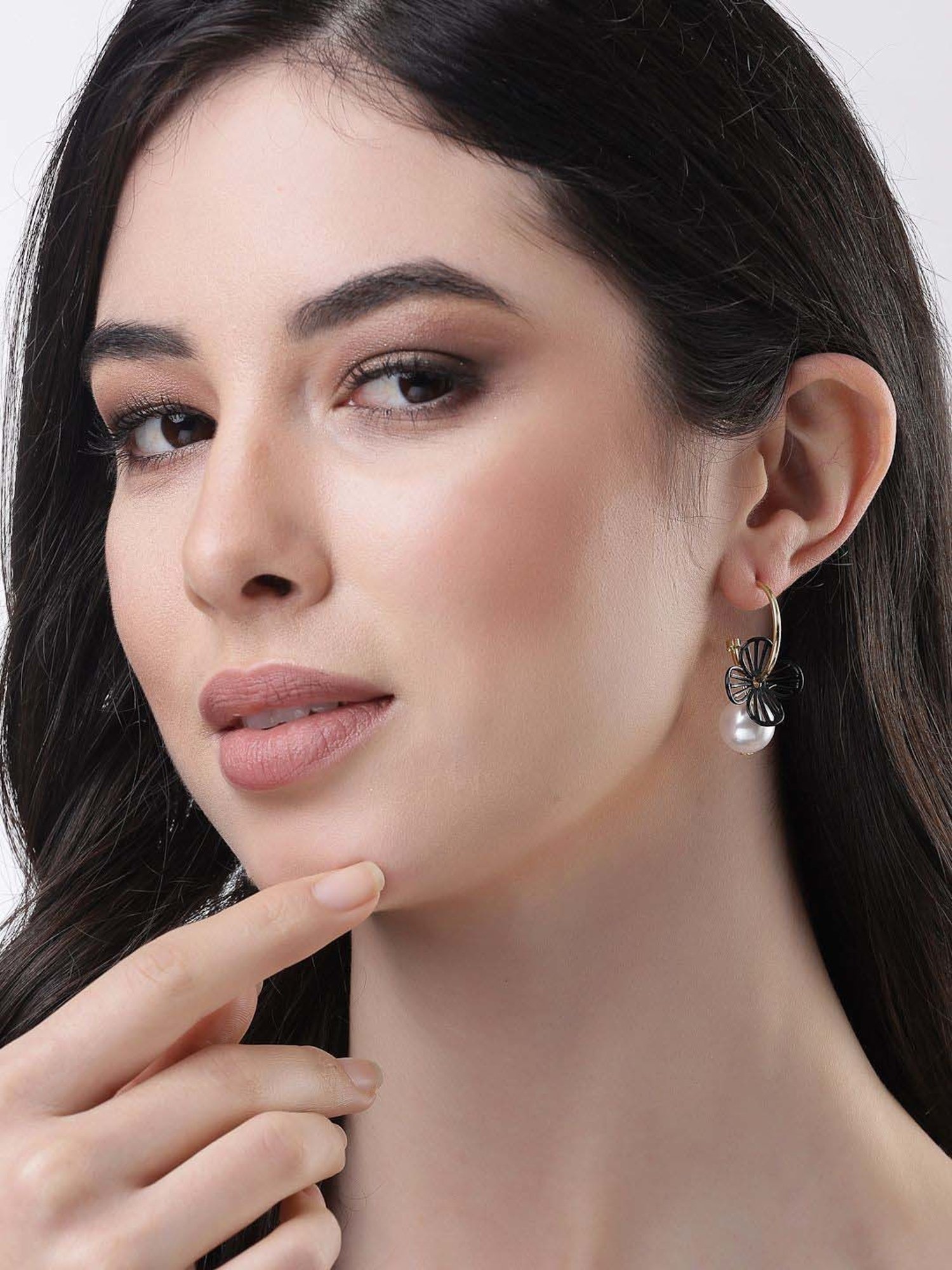 NVR Rhodium-Plated Pearl Beaded Drop Earrings for Women