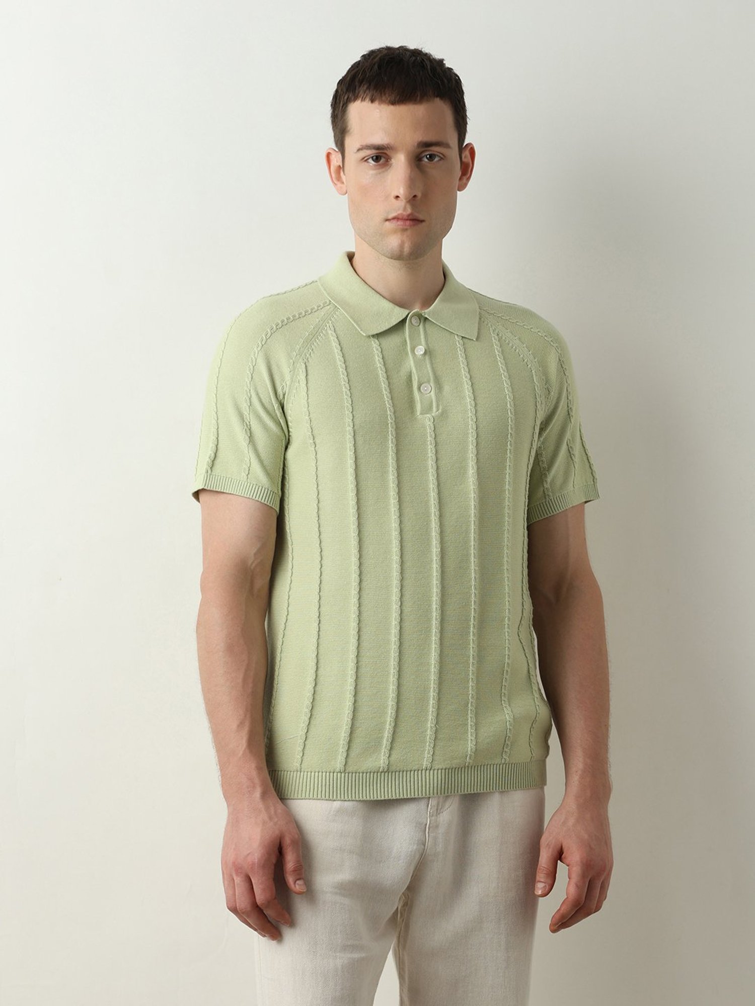 SELECTED HOMME Green Slim Fit Self Design Cotton Polo T-Shirt