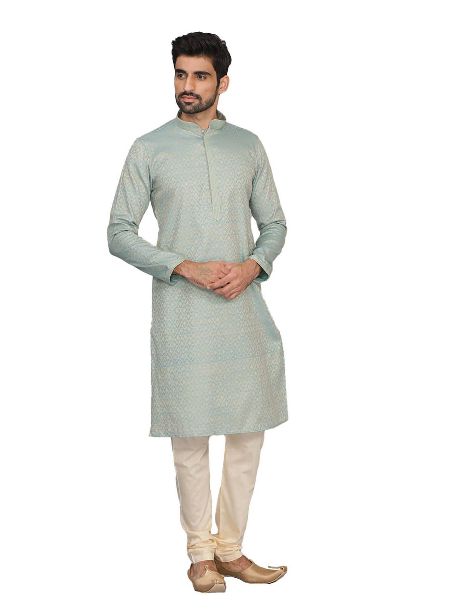 Manyavar Green & Beige Printed Kurta with Churidar Set