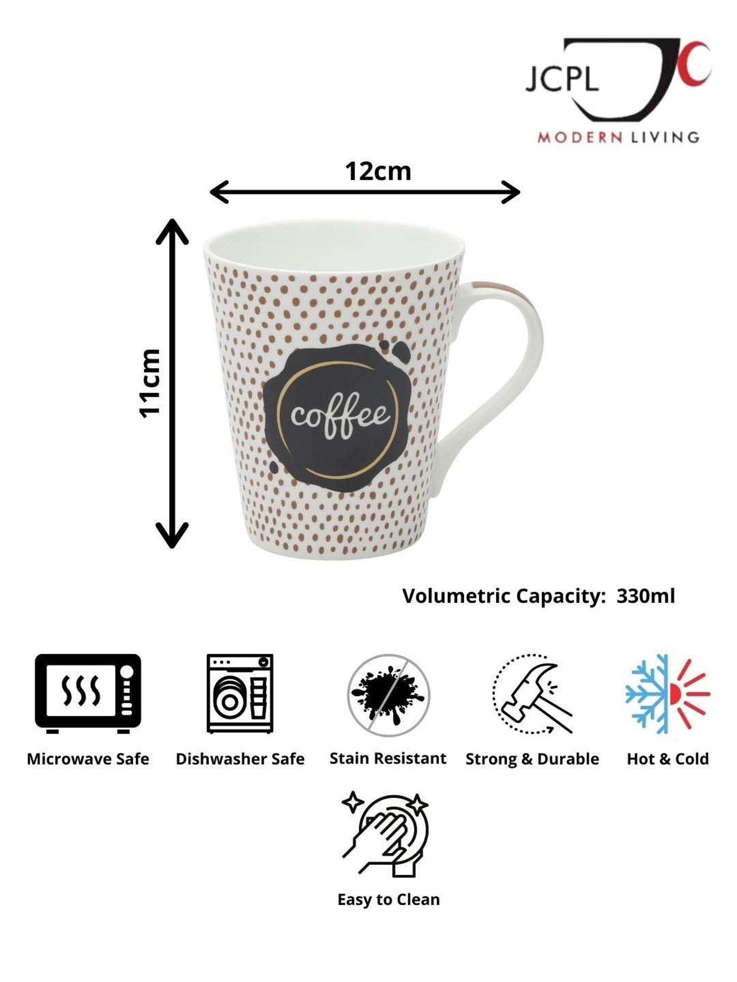 JCPL White & Black Ceramic 9.4 cm Milk Mug (0.33 L) - Set of 2