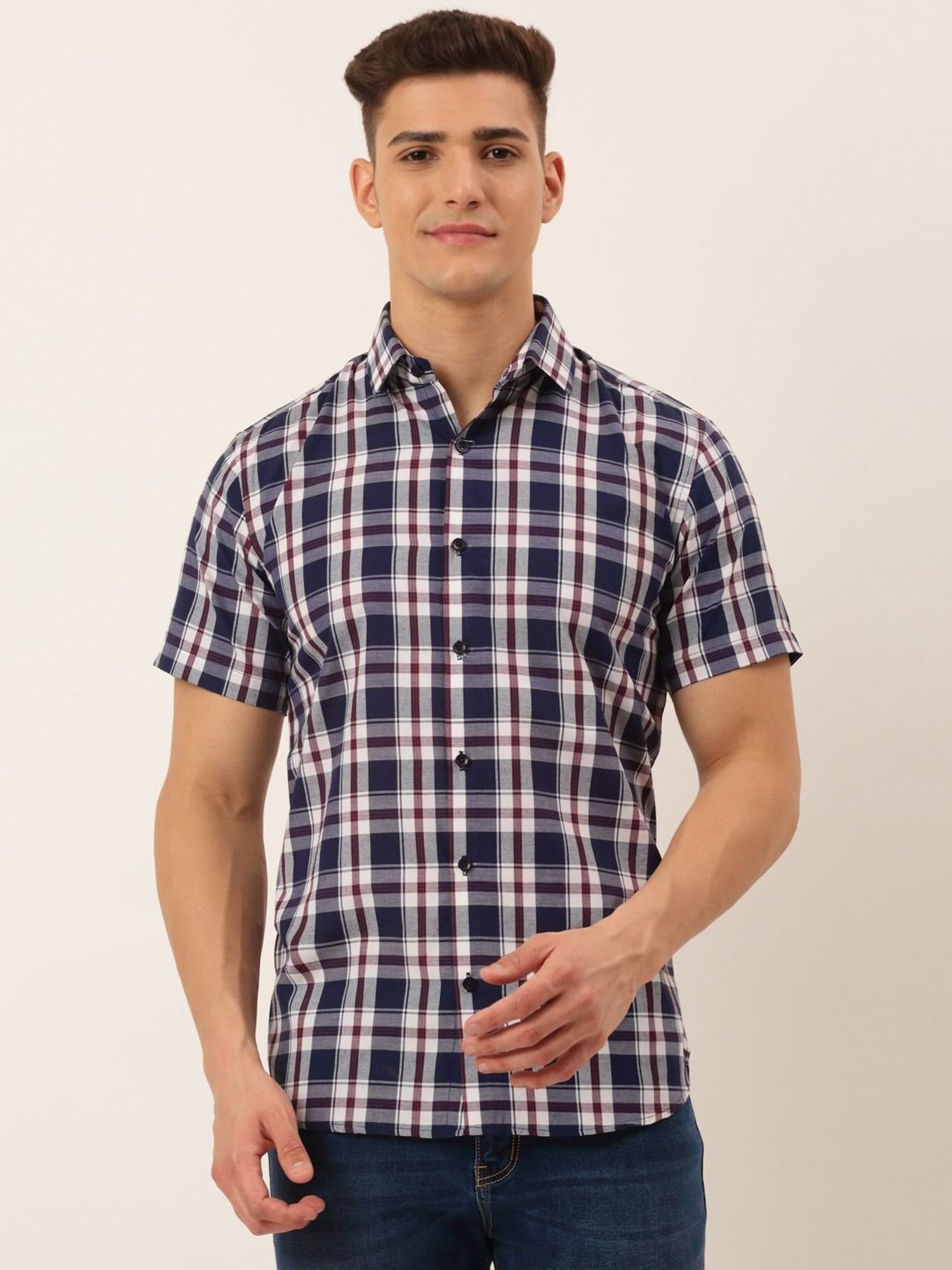 Jainish Navy Cotton Regular Fit Checks Shirt