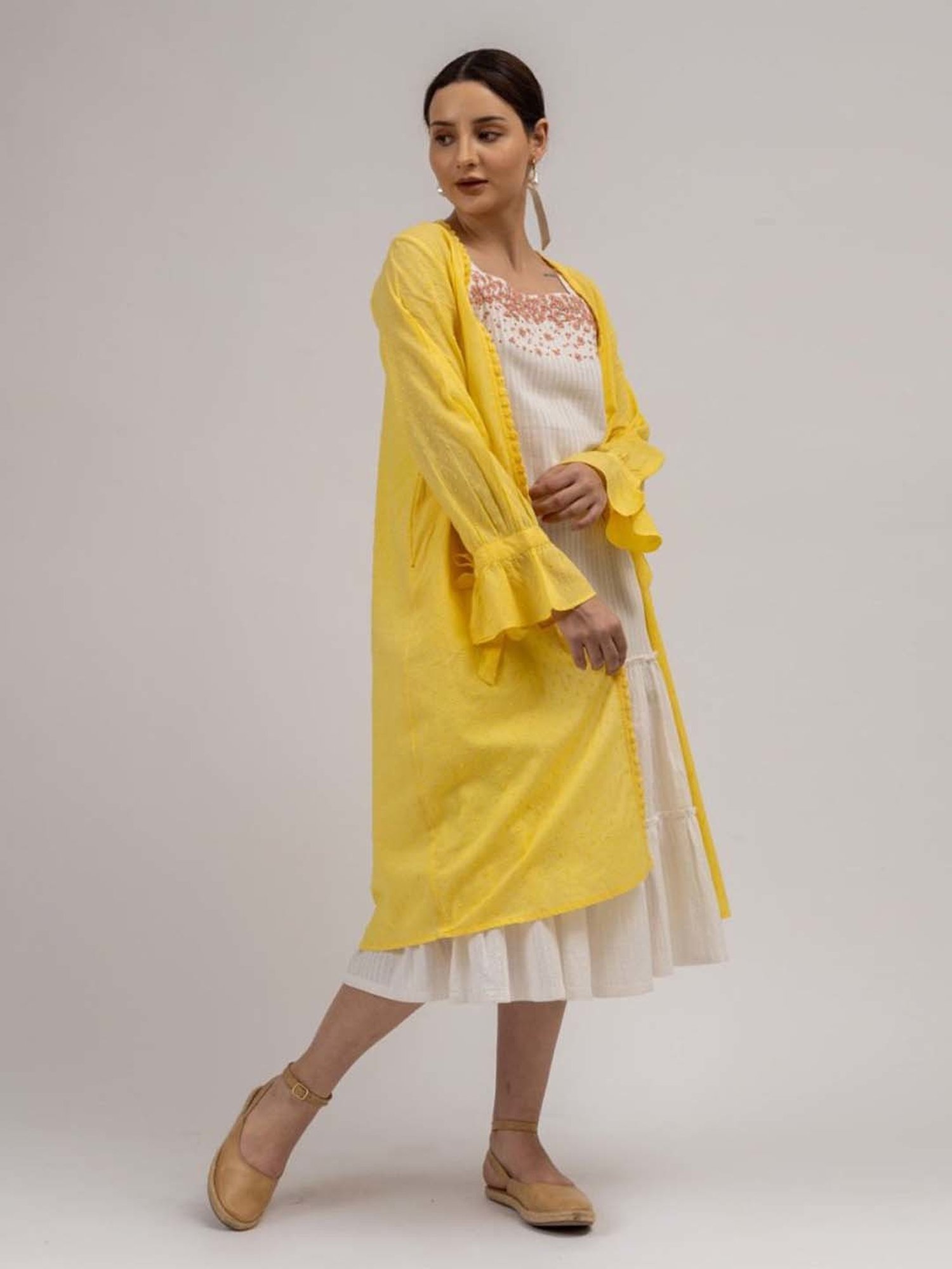 Mushio Yellow Camilla Crochet Lace Detail Cotton Dobby Overlay With Sleeve Tie Ups