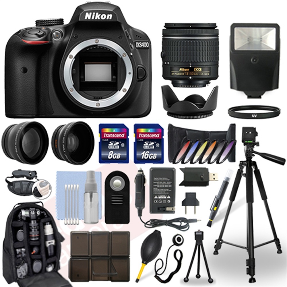 Nikon D3400 DSLR Camera + 18-55mm NIKKOR Lens + 24GB Multi Accessory Bundle