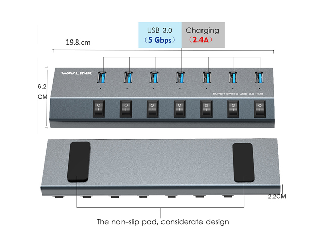 Wavlink 10-Port USB 3.0 Hub with 2x1.5A Fast USB Charging Port, 48W Power Adapter, Peripheral Sharing Switch, LED indicators, USB3.0 Splitter Up to 5Gbps for Android, Apple iOS, Windows Mobile Devices