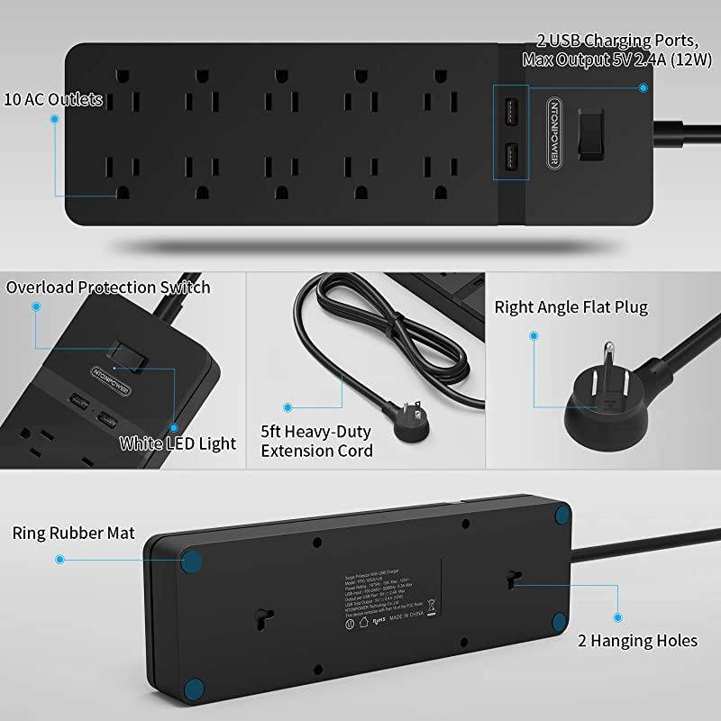 Surge Protector Power Strip,  10 Outlet Power Strip with 2 USB, Power Strip Flat Plug, 5ft Heavy-Duty Extension Cord, 15A Circuit Breaker, ETL Listed, Wall Mount for Home and Office, Black