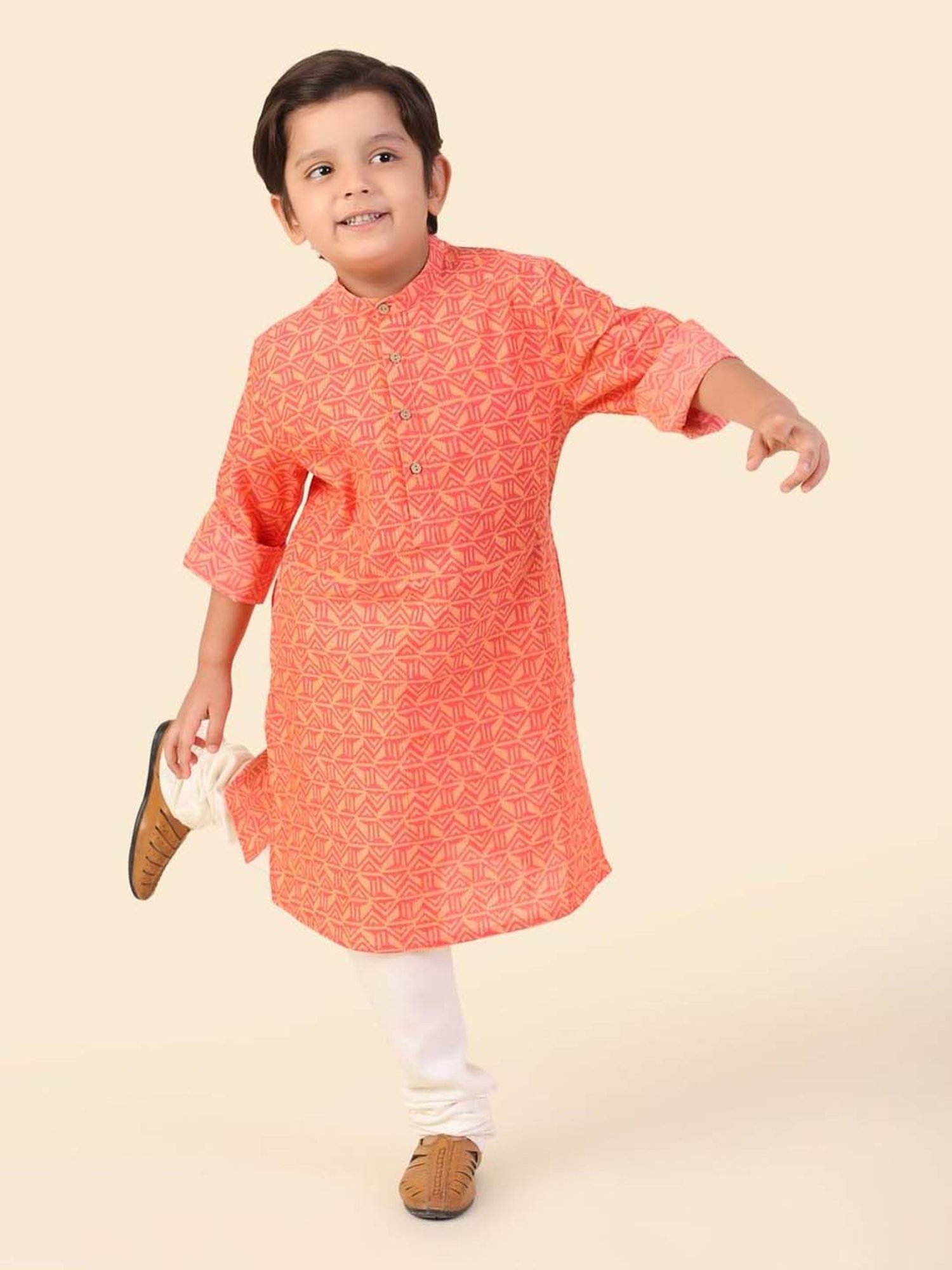 Fabindia Kids Coral Cotton Printed Full Sleeves Kurta