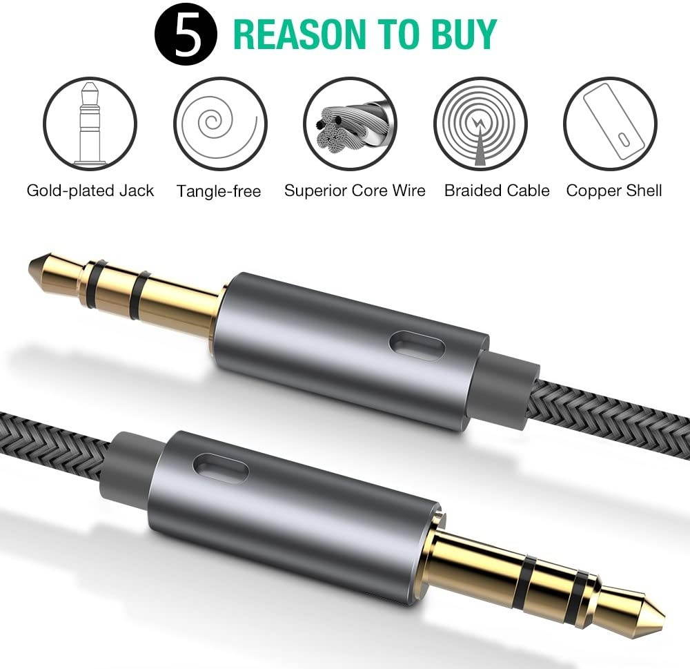 Oldboytech AUX Cable,[2-Pack,4ft,Hi-Fi Sound] 3.5mm Auxiliary Audio Cable Nylon Braided Male to Male AUX Cord Compatible Car/Home Stereos,Speaker,iPhone iPod iPad,Headphones,Sony Beats,Echo Dot (Grey)