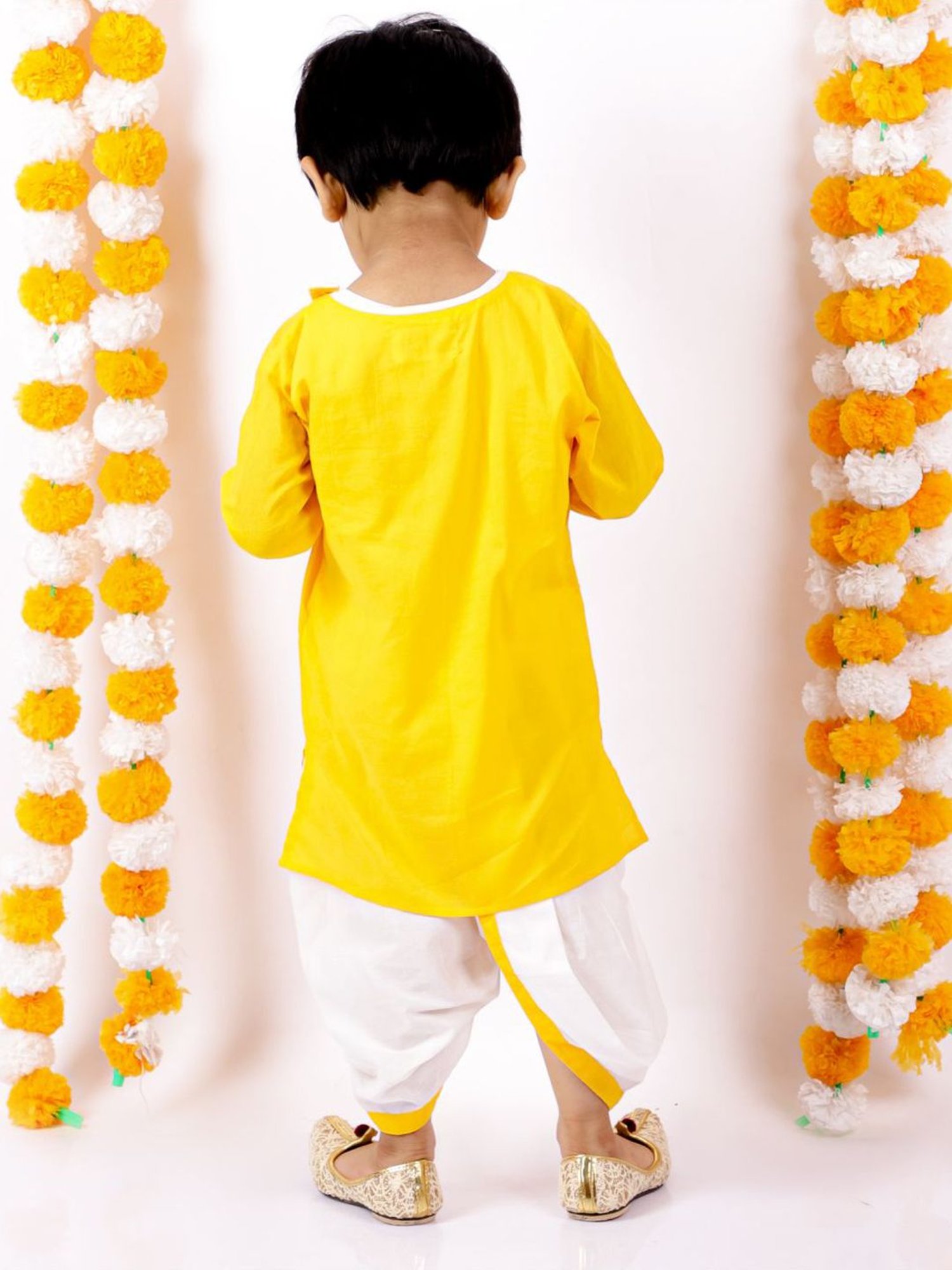 Little Bansi Kids Yellow Cotton Embroidered Kurta Set