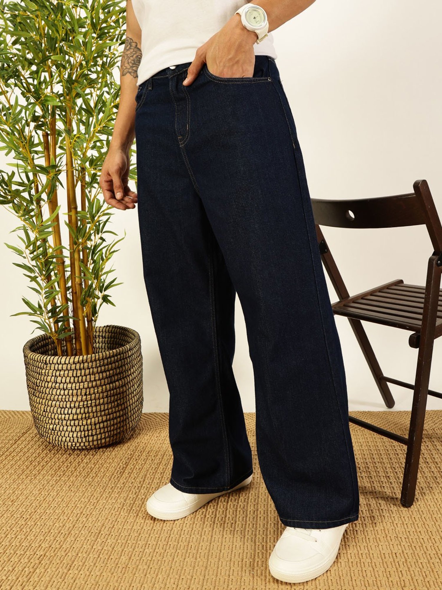 Thomas Scott Dark Blue Cotton Loose fit Solid Jeans