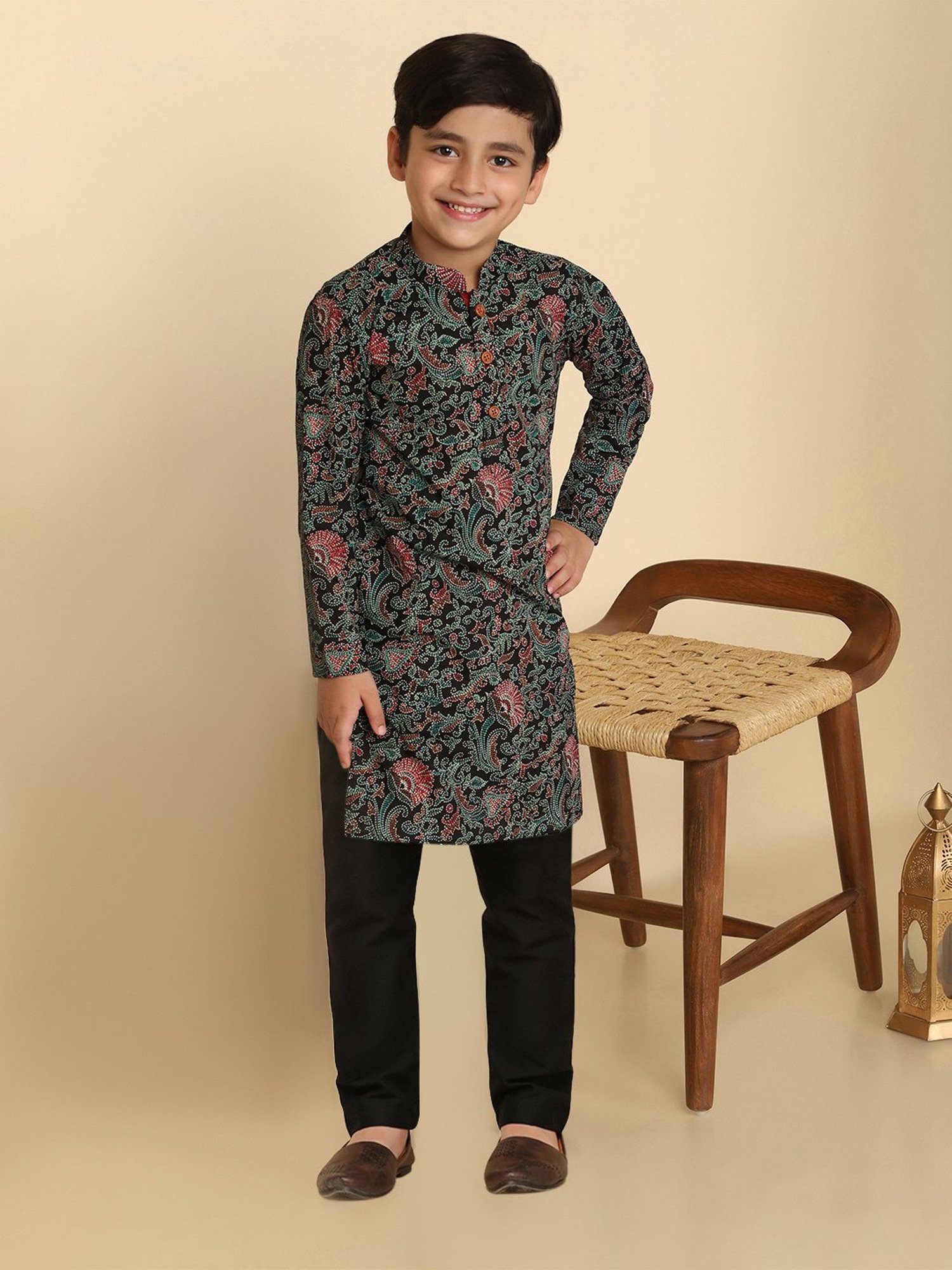 VASTRAMAY Boys Yellow & White Cotton Printed Full Sleeves Kurta Sets