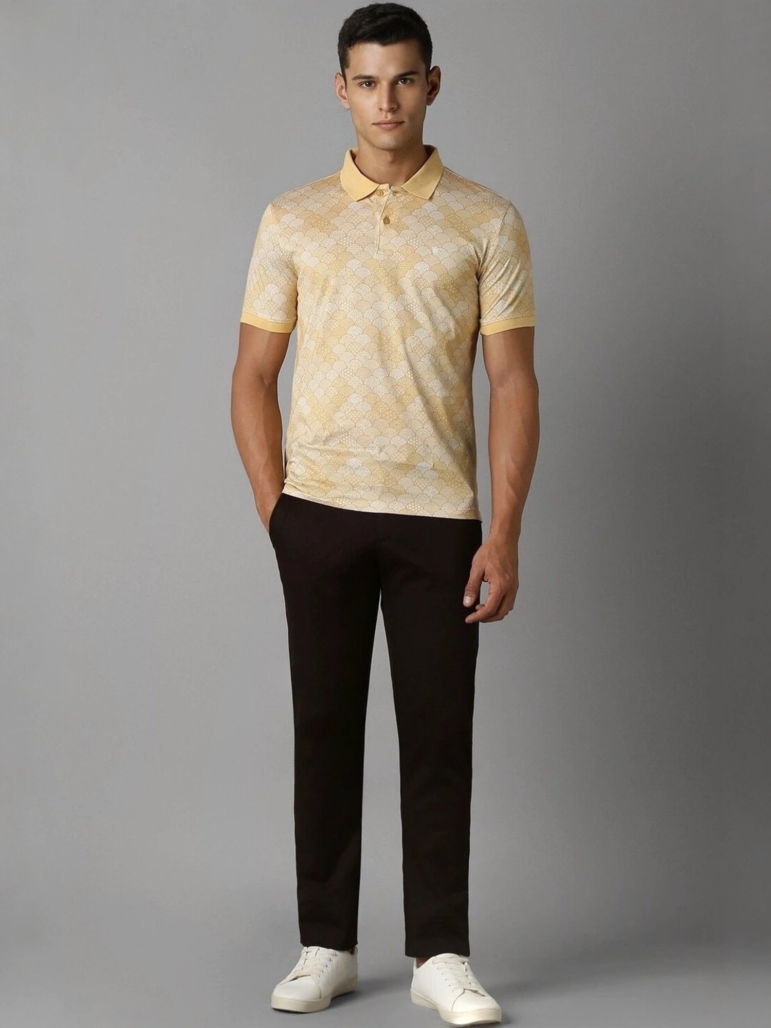 Louis Philippe Yellow Cotton Regular Fit Printed Polo T-Shirt