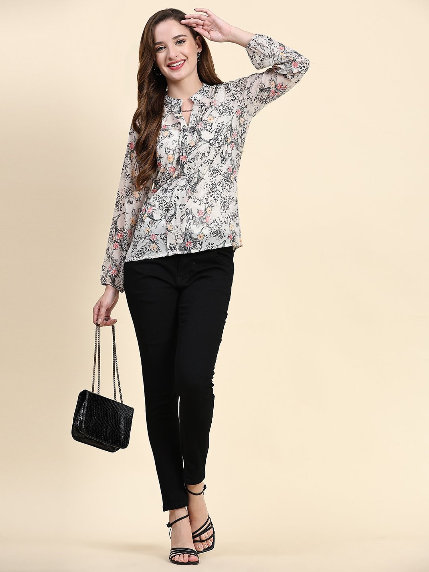 KERI PERRY Grey & White Floral Print Top