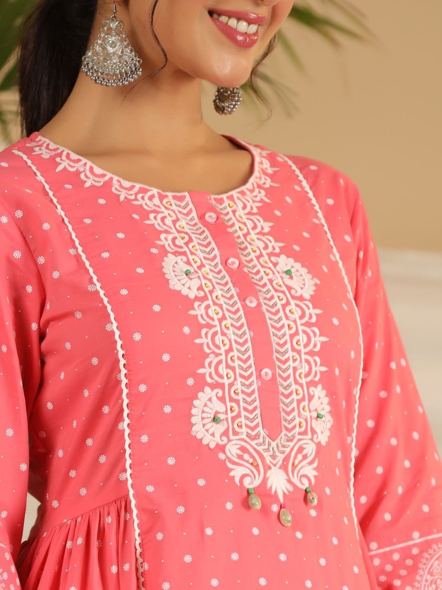 Juniper Pure Cotton Coral Ethnic Motif Printed Kurta With Palazzo Set With Thread Embroidery