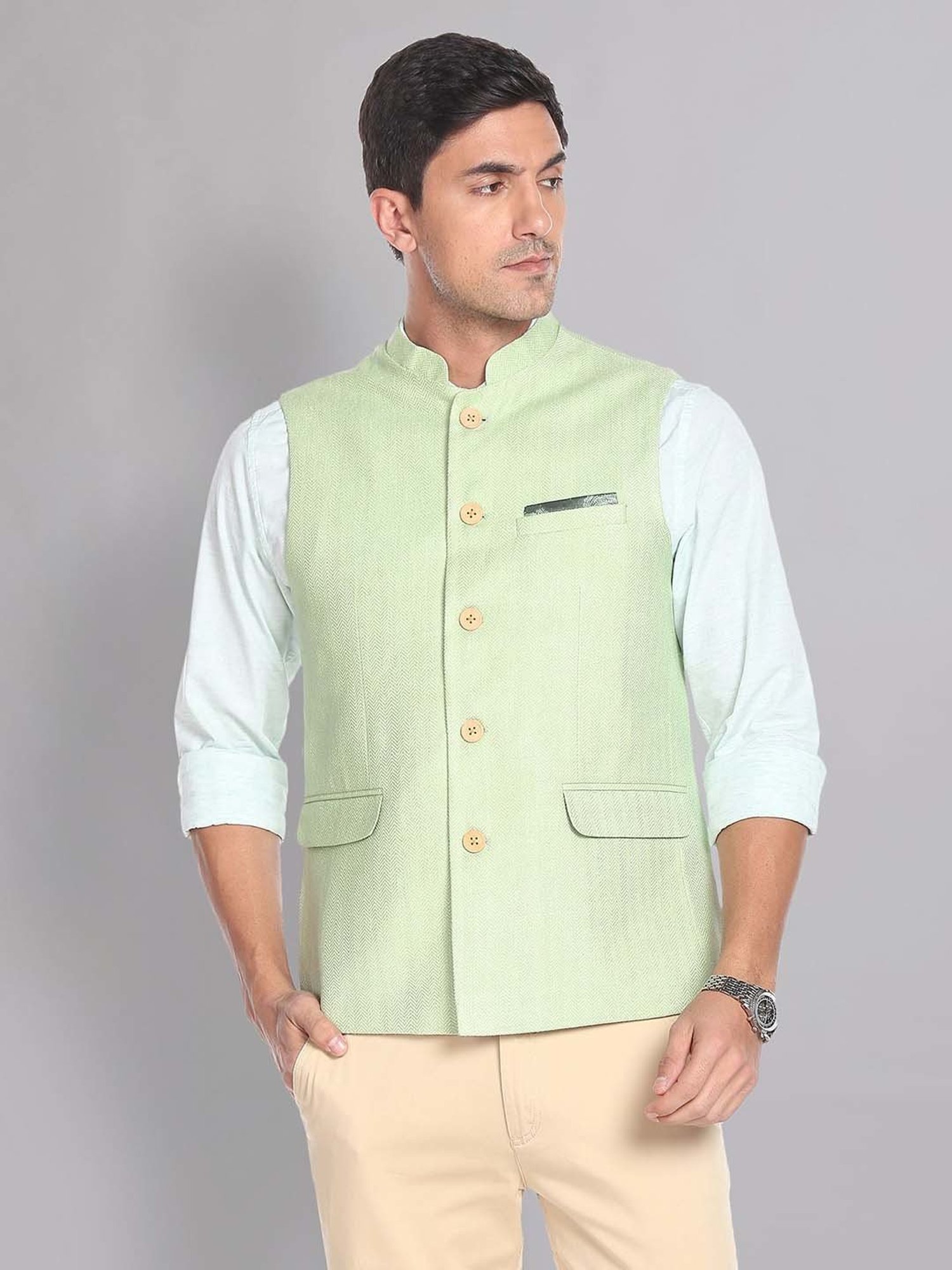 AD by Arvind Green Mandarin Collar Self Design Nehru Jacket