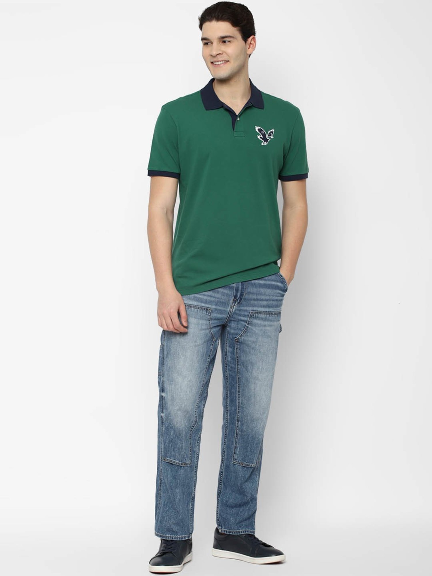 American Eagle Outfitters Green Cotton Regular Fit Colour Block Polo T-Shirt