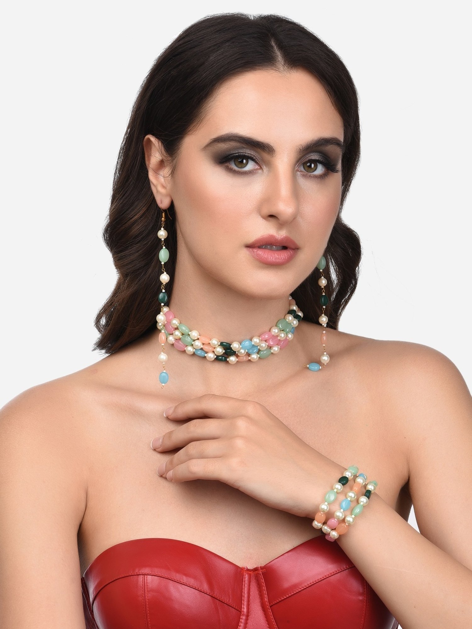 Zaveri Pearls Multicolor Multi Strands Beaded Choker Necklace Earring & Bracelet Set-ZPFK13761