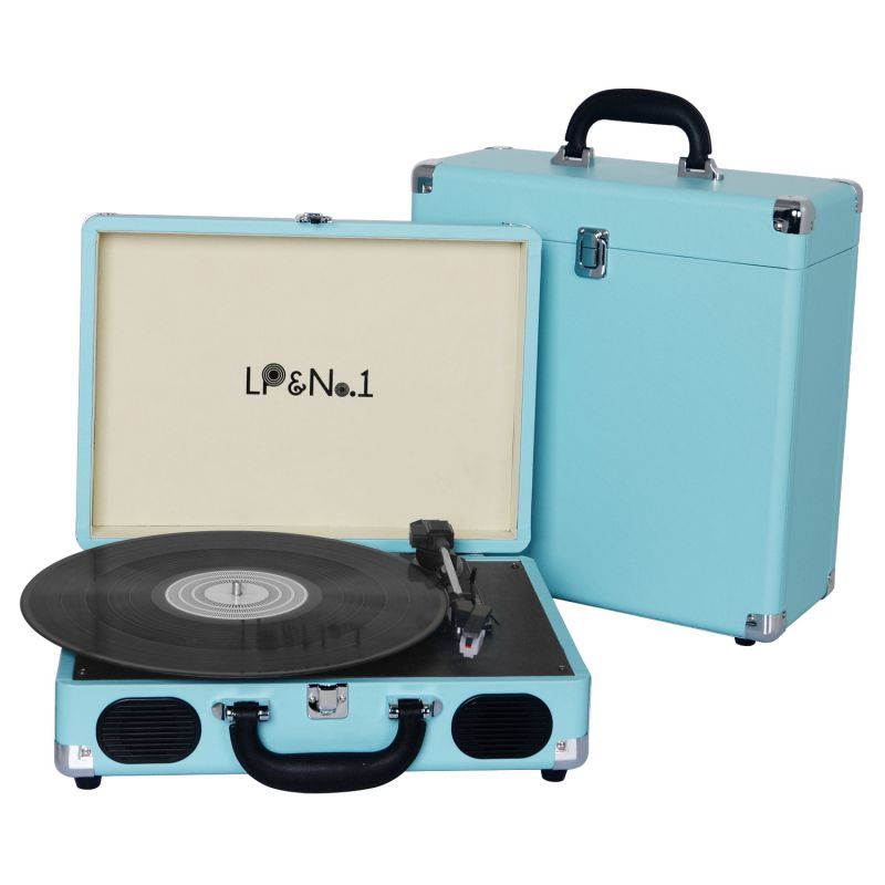 LP&No.1 Portable Suitcase Turntable with Stereo Speaker,3 Speeds Belt-Drive Vinyl Record Player Blue