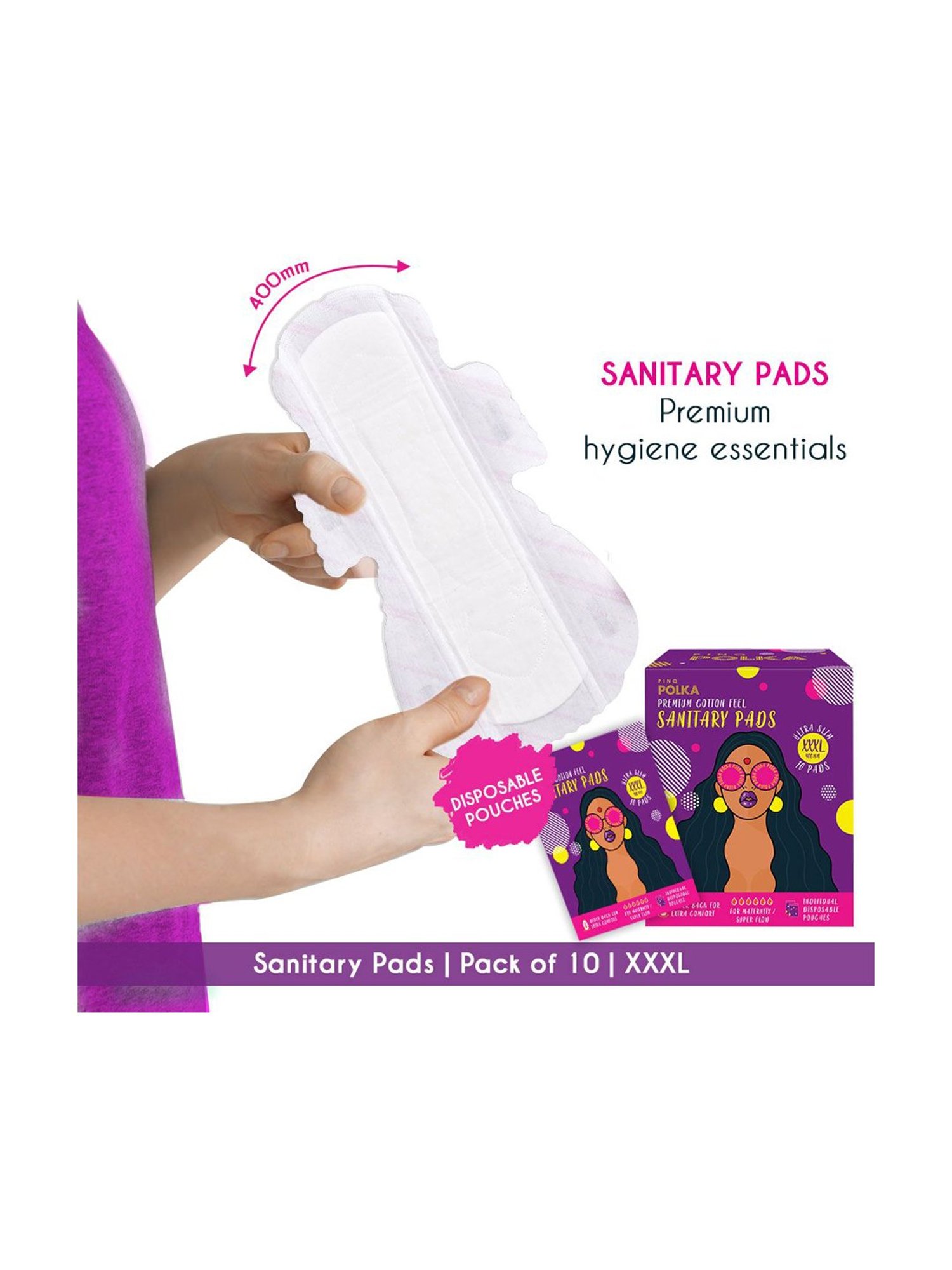 PINQ Polka Premium Cotton Feel Ultra 25 Pantyliners (Large) ,10 XXXL Ultra Sanitary Pads, Pack of 35