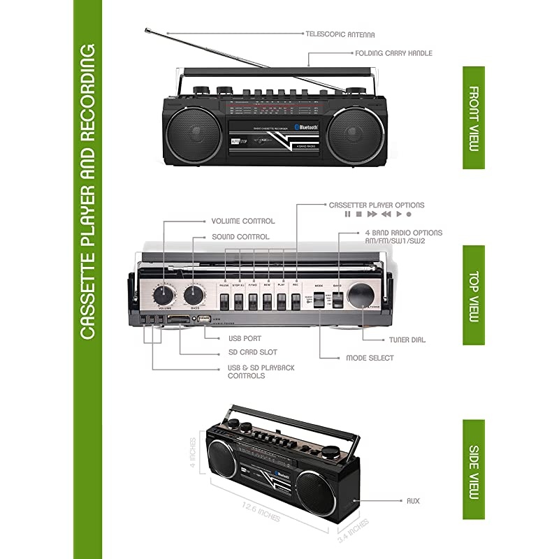 Cassette Boombox, Retro Blueooth Boombox, Cassette Player and Recorder, AM/FM/SW-1-SW2 Radio-4-Band Radio, USB, SD, and Aux in, Black