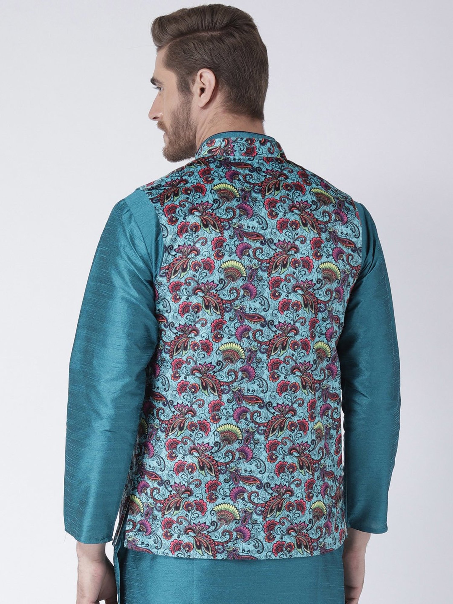 VASTRAMAY Teal Green Regular Fit Printed Nehru Jacket