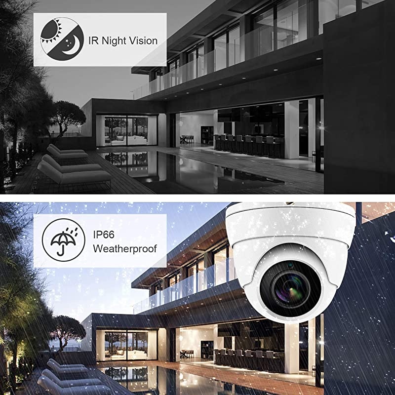 5MP IP POE Dome Camera with Audio, PoE IP Security Camera, Indoor Outdoor IP66 Weatherproof White Dome Camera, Wide Angle 2.8 mm Lens Camera with 98ft Night Vision, 3.5in Base