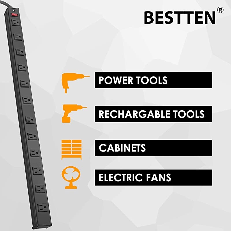 Metal Surge Protector Power Strip 12 WideSpaced Outlets and 12ft Long Extension Cord 450 Joules 15A125V1875W OnOff Circuit Breaker ETL Listed Black