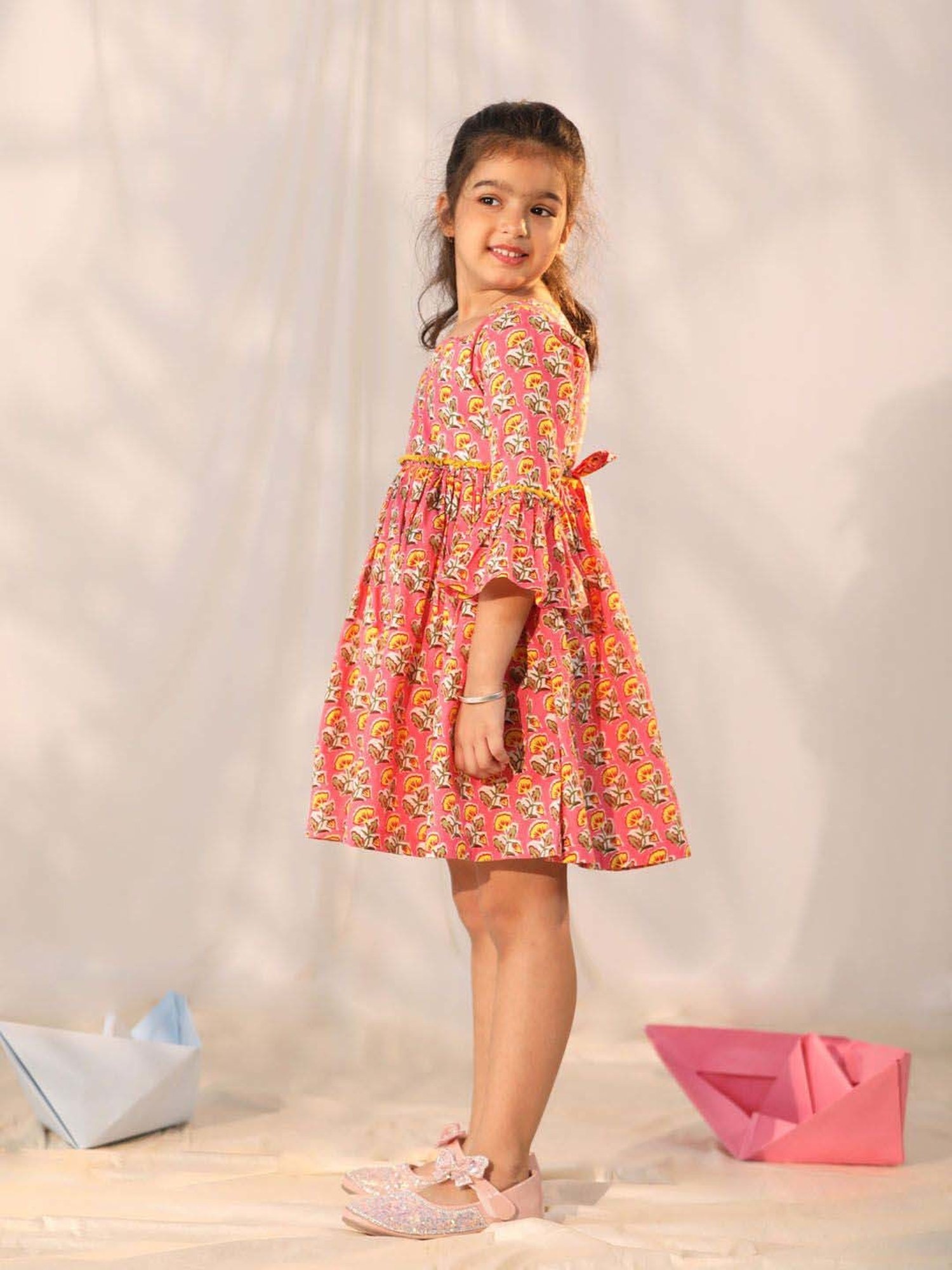 VASTRAMAY Girls Pink Cotton Floral Dresses