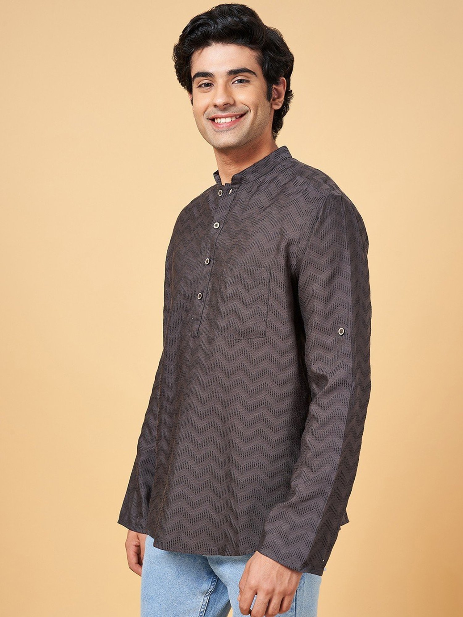 Indus Route by Pantaloons Grey Cotton Regular Fit Printed Short Kurta