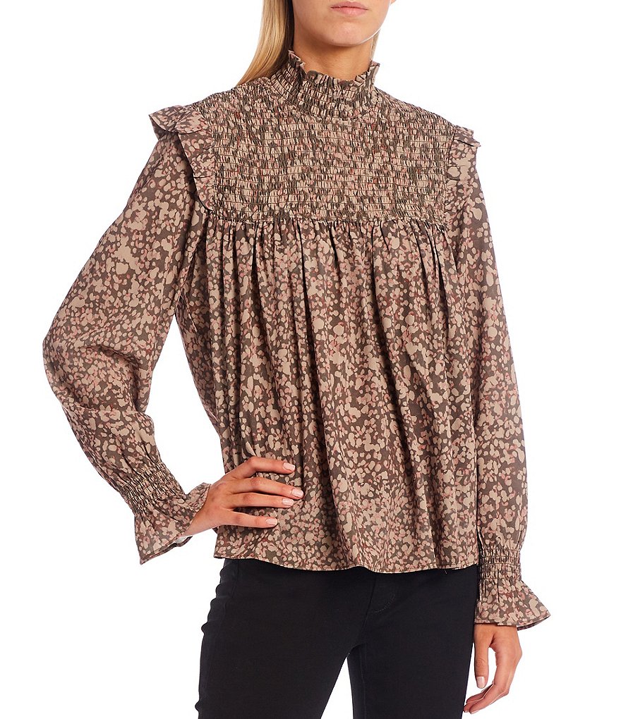 French Connection Erika Leopard Print Drape Long Sleeve Smocked Yoke Top