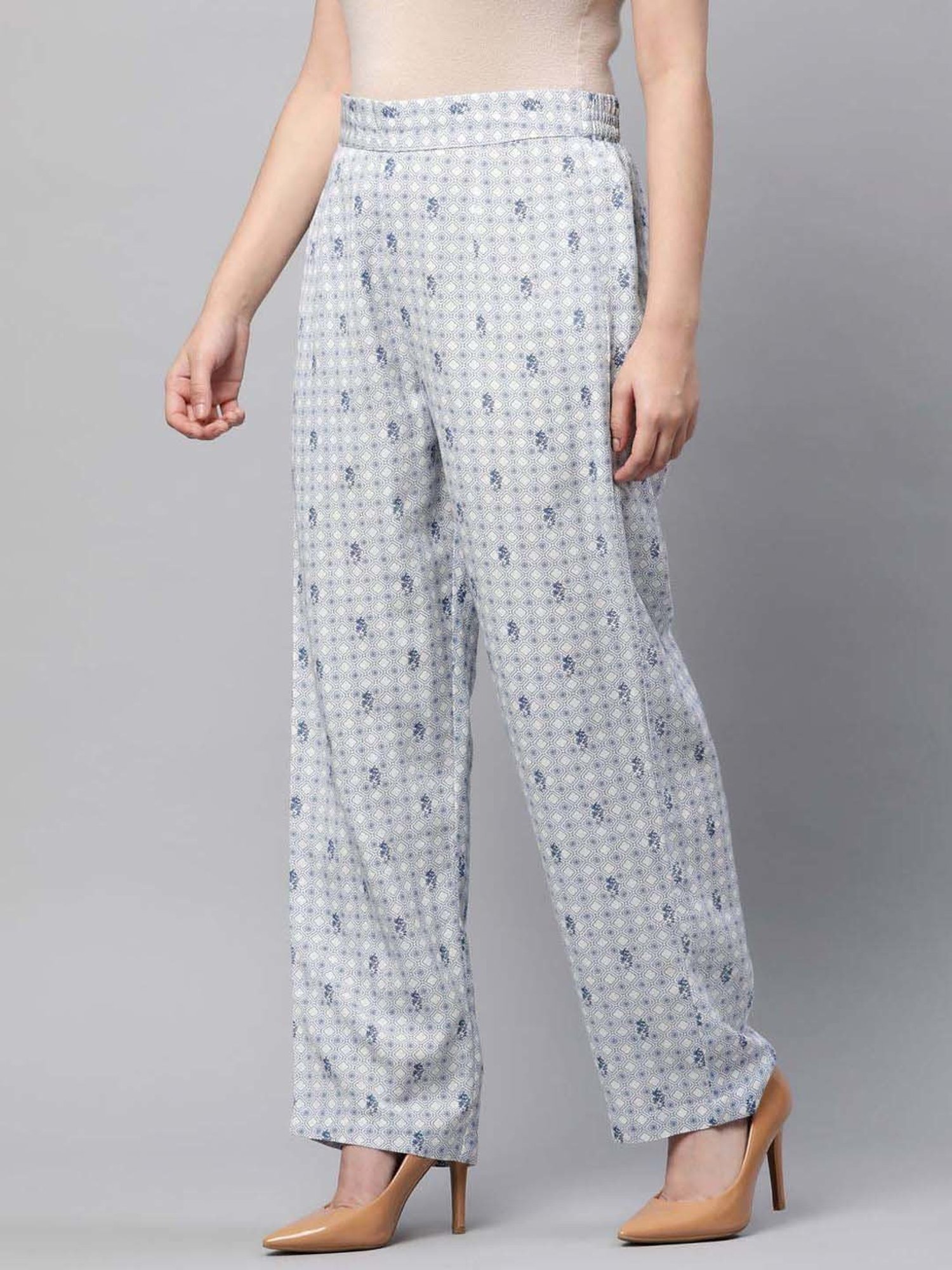 Linen Club Woman Off-White & Blue Linen Printed Pants