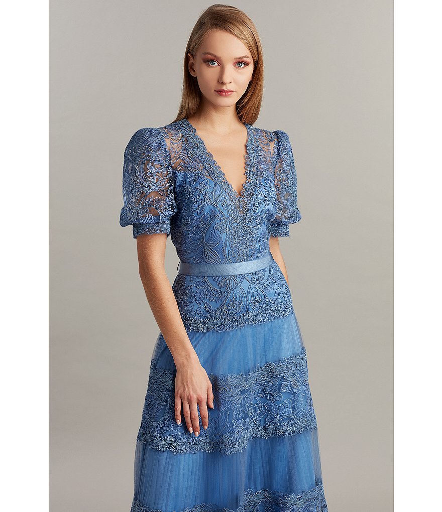Tadashi Shoji V-Neck Short Puff Sleeve Embroidered Lace Pleated Midi Dress