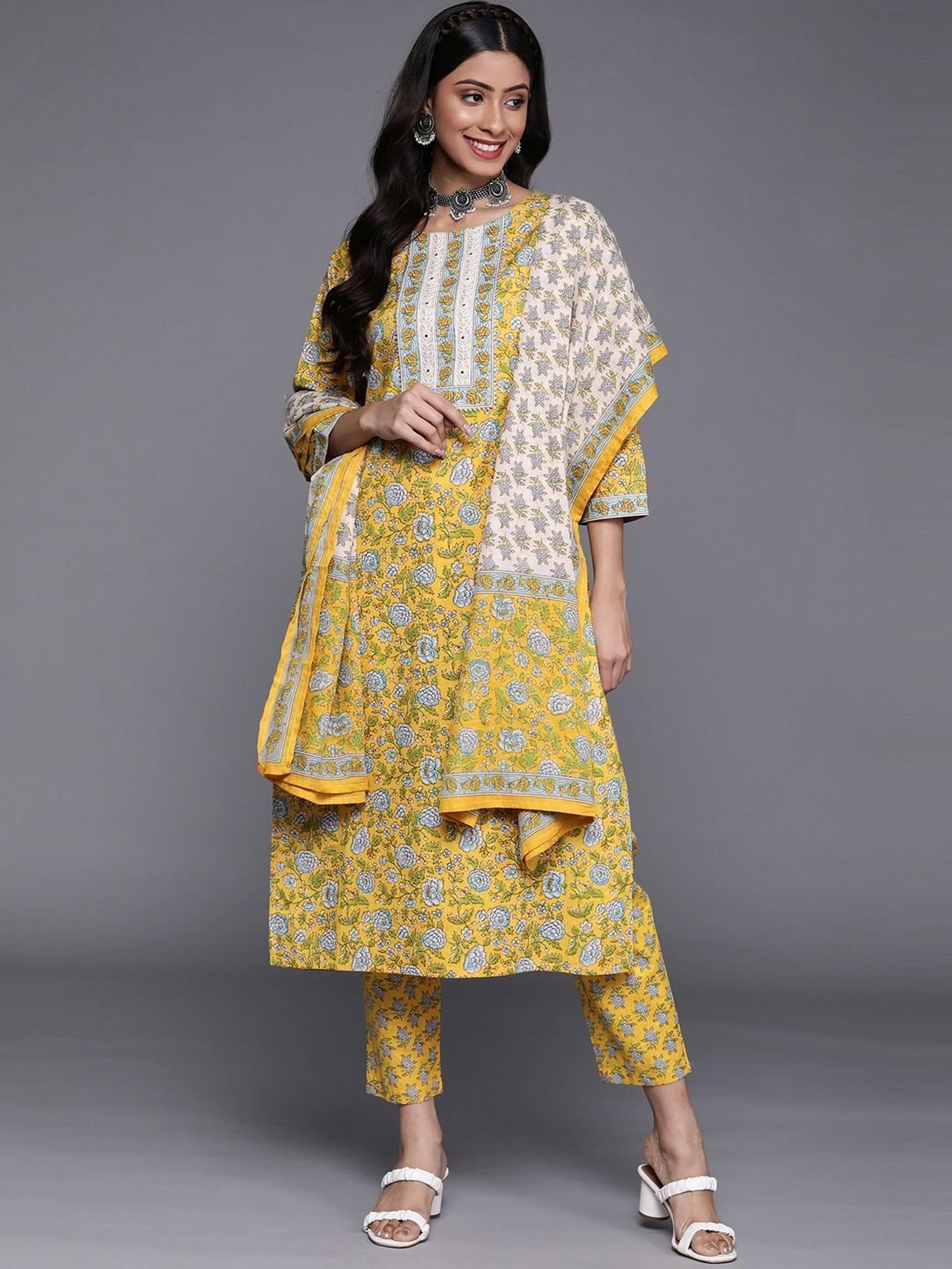 KSUT Yellow Cotton Printed Kurta Pant Set With Dupatta