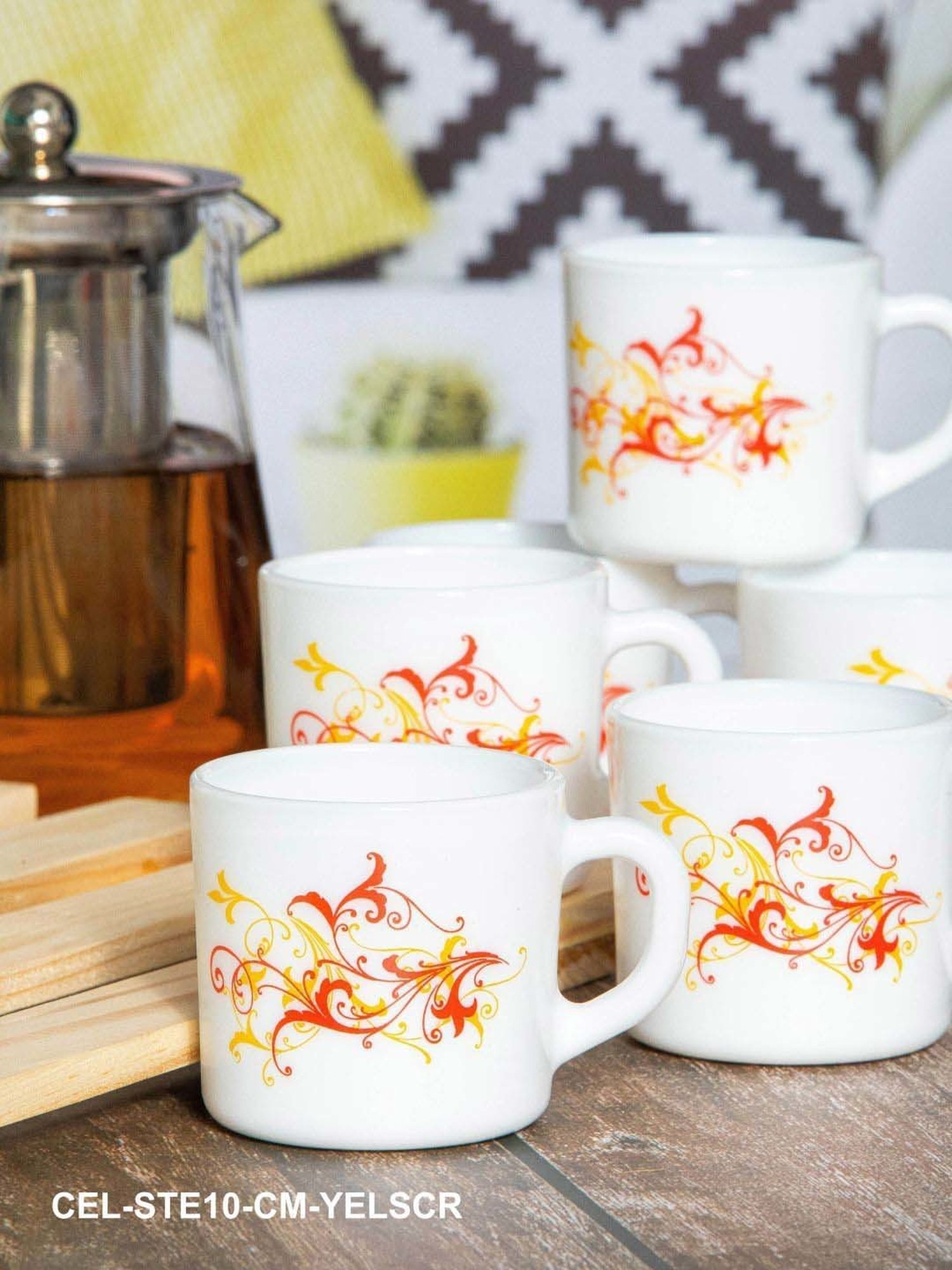 Cello White & Red Glass Coffee Mug (0.1 L) - Set of 6