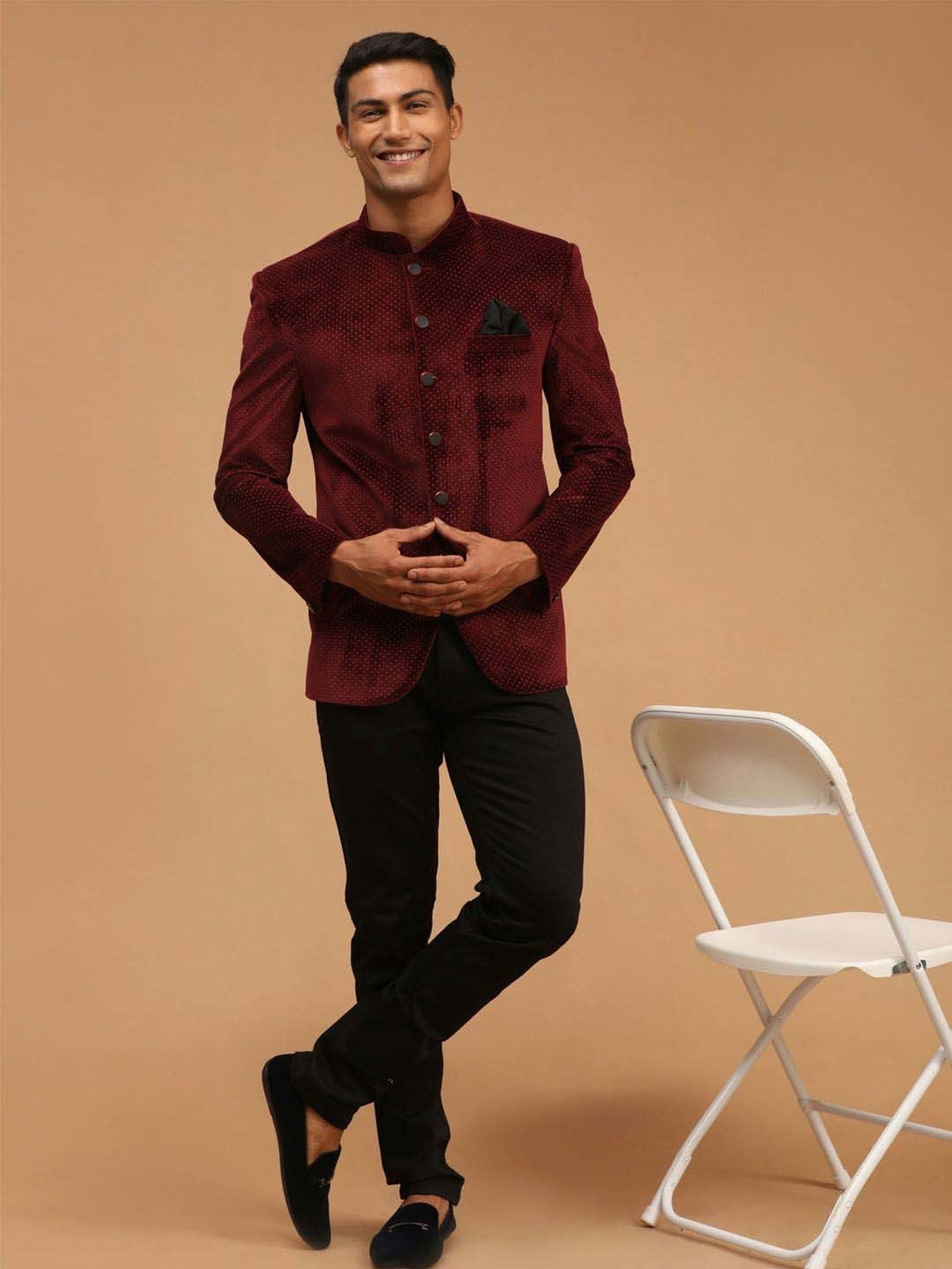 Vastramay Maroon Regular Fit Printed Ethnic Blazer