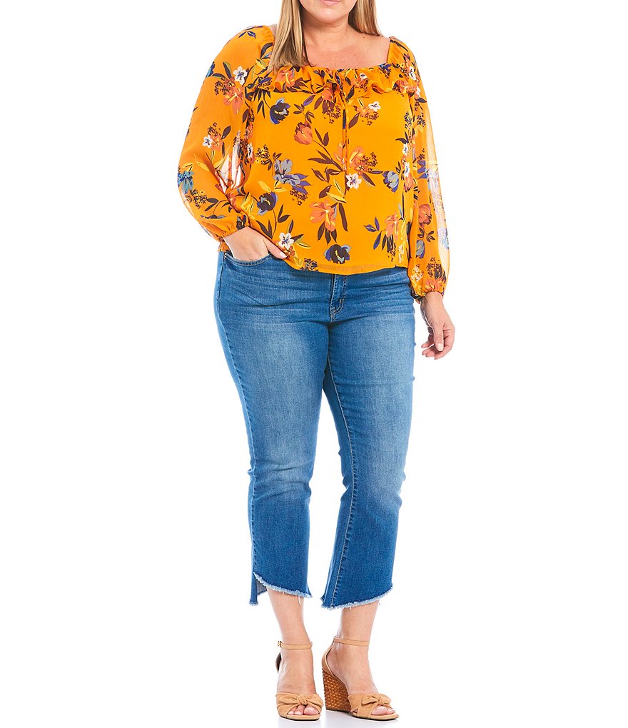 Jessica Simpson Plus Size Bailey Floral Square Neck Bubble Long Sleeve Blouse