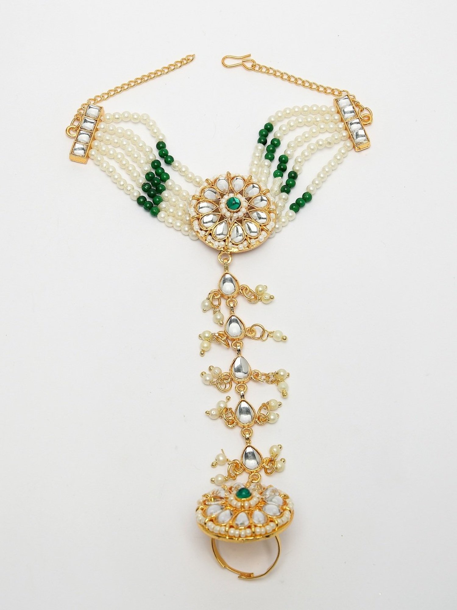 NVR Women's Green Gold-Plated Stone Studded Handcrafted Ring Bracelet