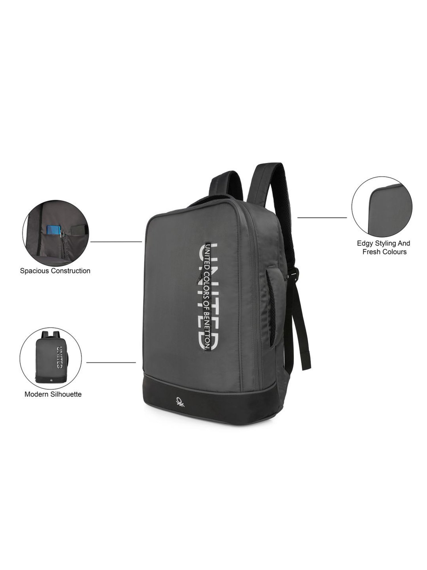 United Colors of Benetton Lennox Grey Polyester Solid Laptop Backpack - 20 Ltrs