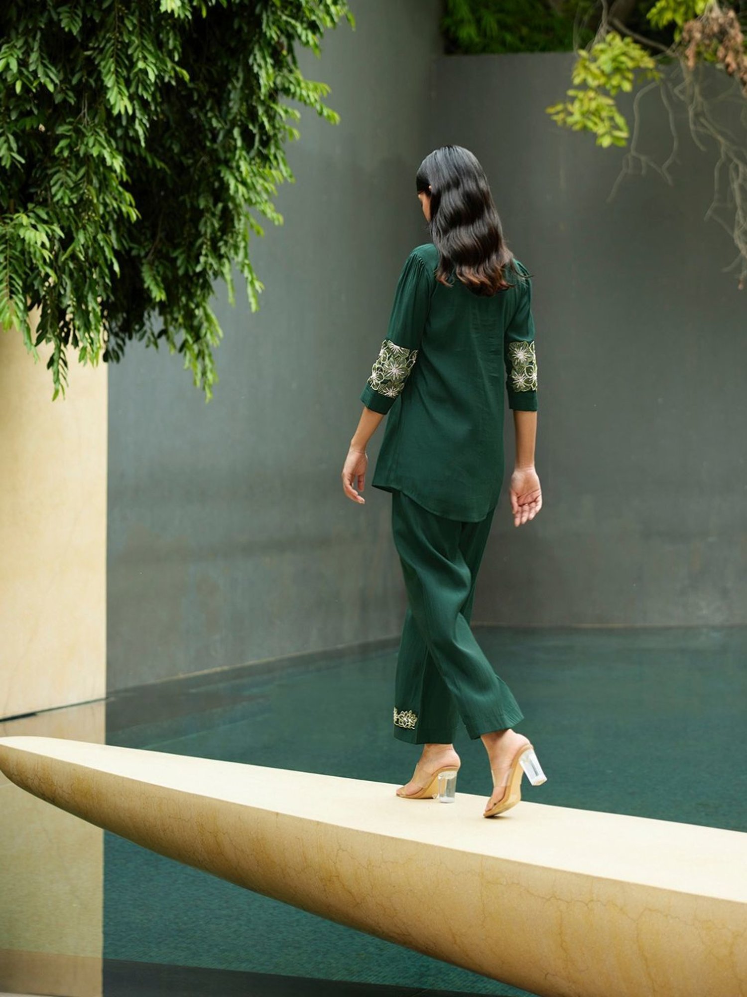 Kaftanize Kiaa Bottle Green Embroidered Shirt with Pant