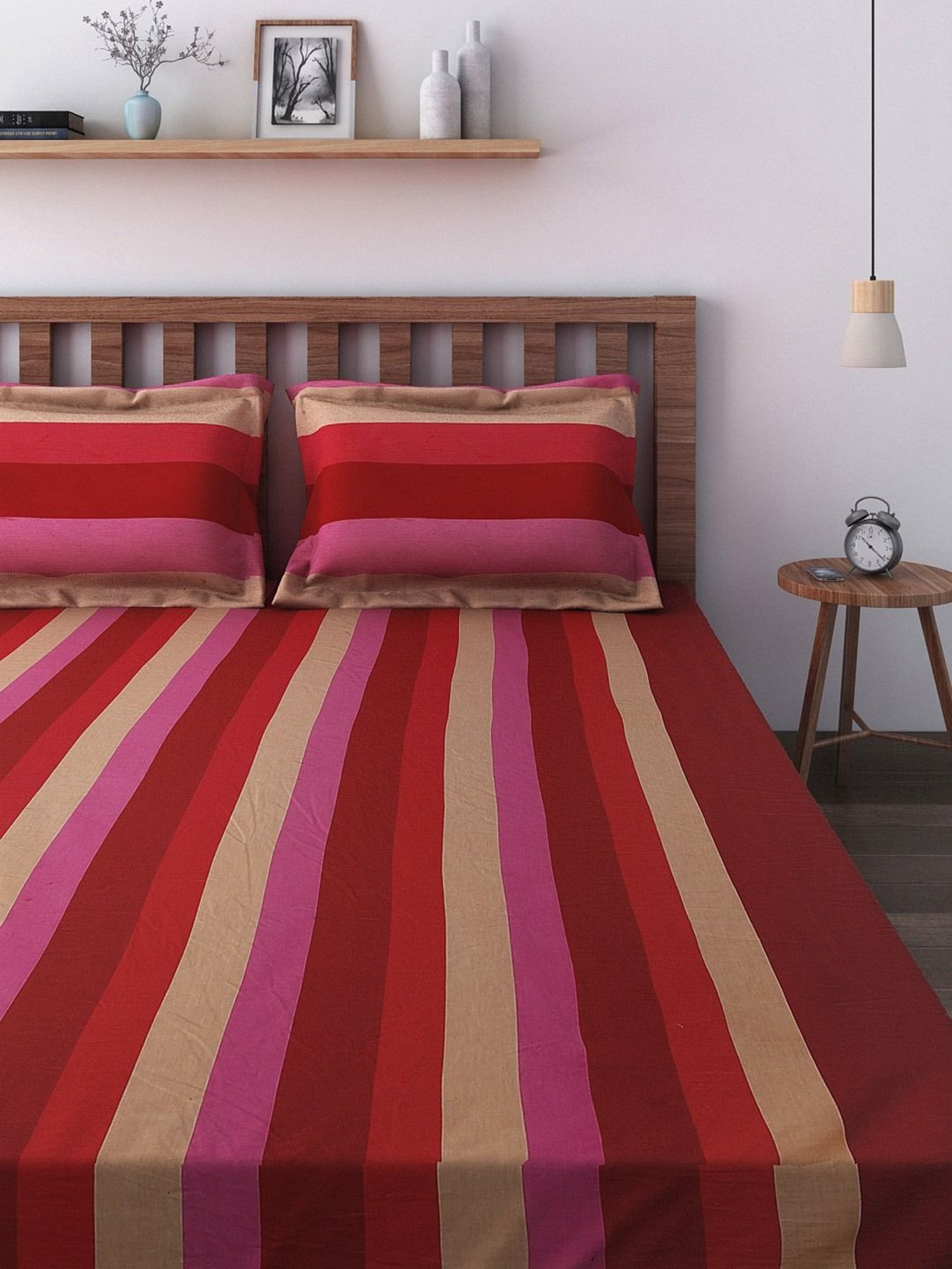 Swayam Stripes Red & Beige 180 TC Cotton King Bedsheet with 2 Pillow Covers