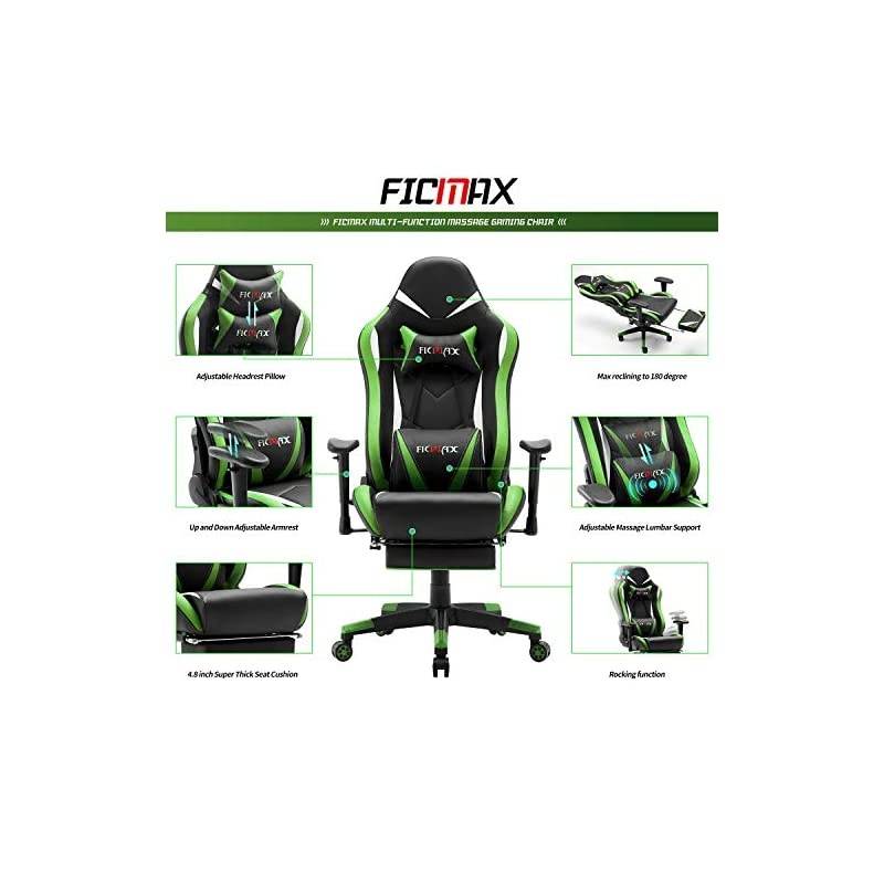 Green Massage Gaming Chair High Back, Big and Tall Computer Gaming Chair with Footrest, Ergonomic Gamer Chair for E-Sport, Reclining Video Game Chair with Headrest and Lumbar Support