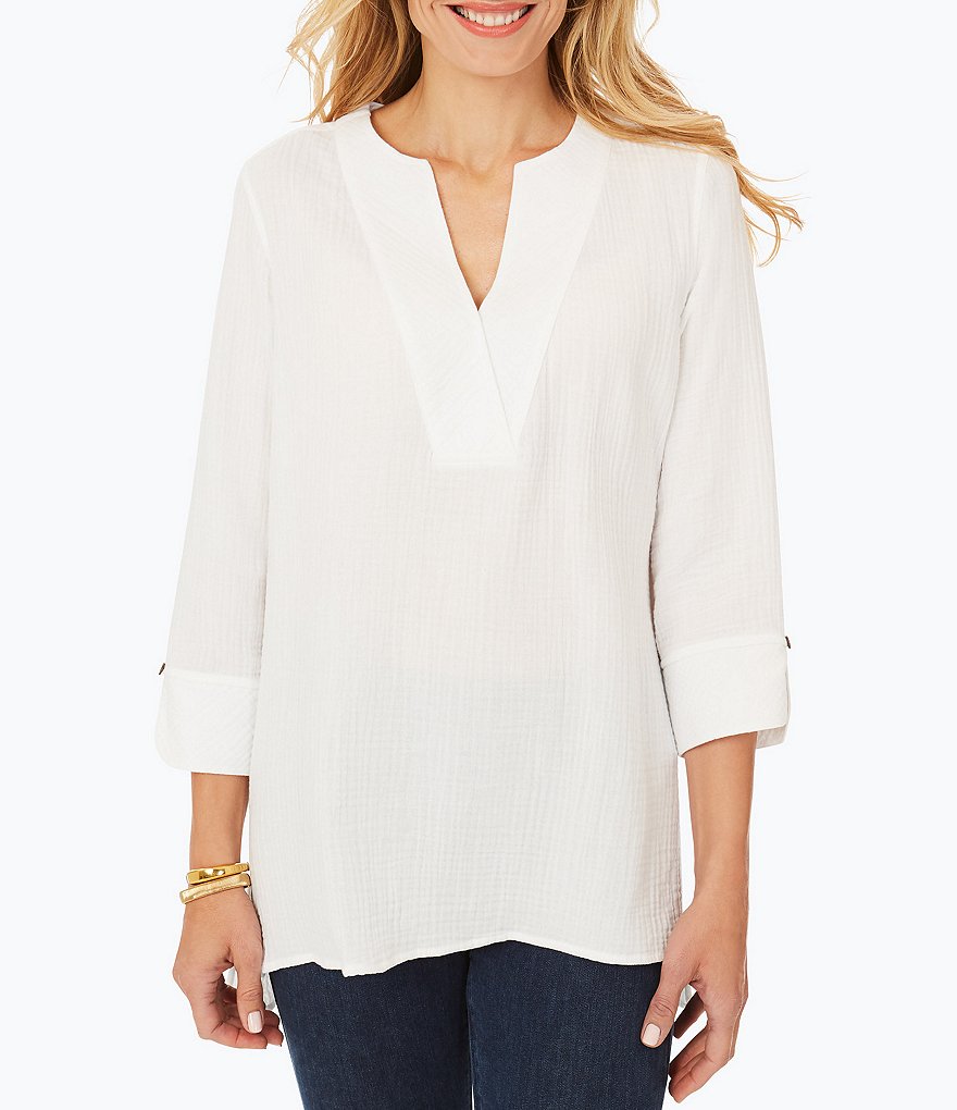 Foxcroft Vena Gauze Split V-Neck 3/4 Sleeve Tunic