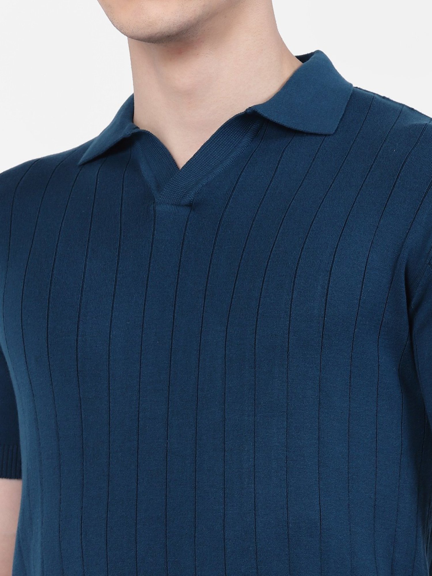 Kalt Teal Regular Fit Striped Polo T-Shirt