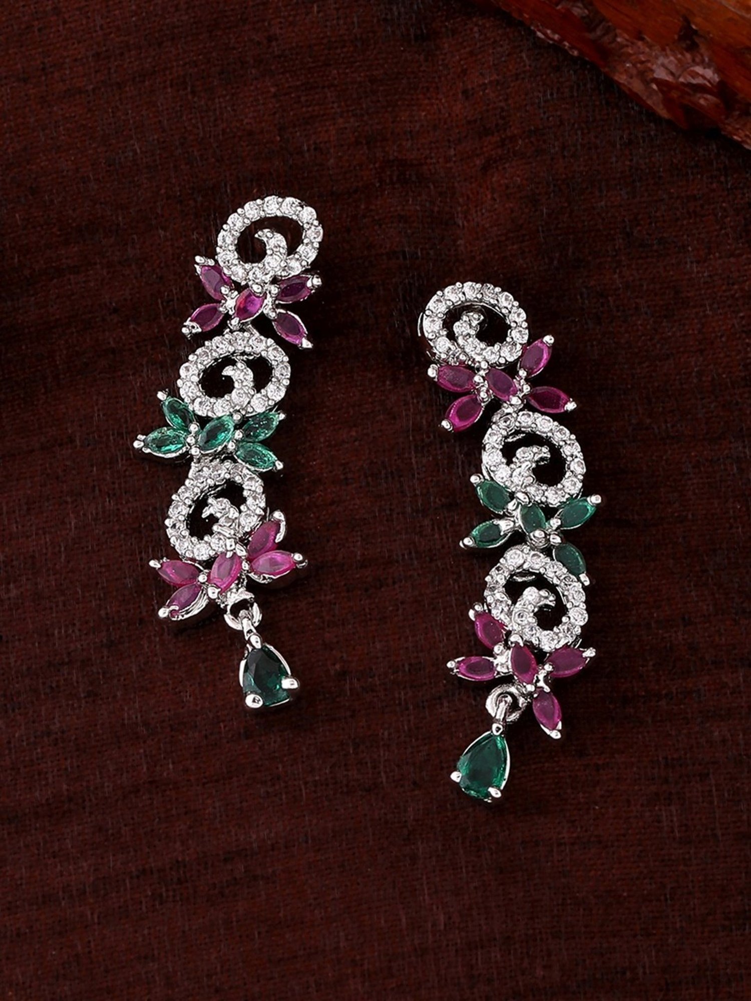 Estele Rhodium-Plated CZ Dazzling Twirl Design Dangler Earrings