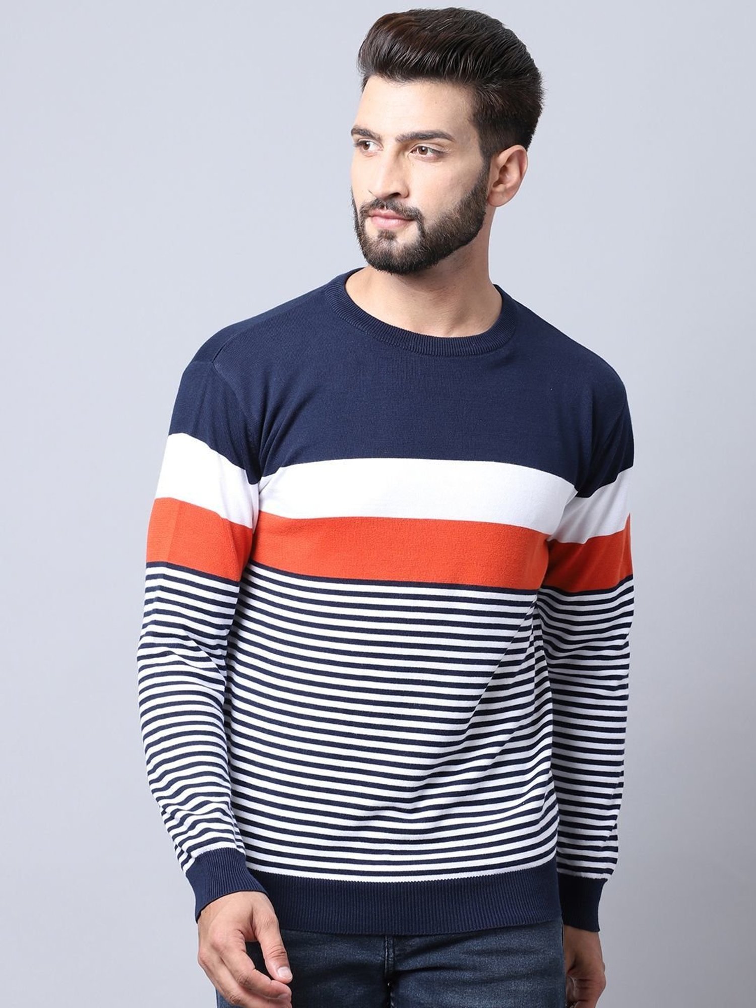 Cantabil Navy Blue Regular Fit Striped Sweater