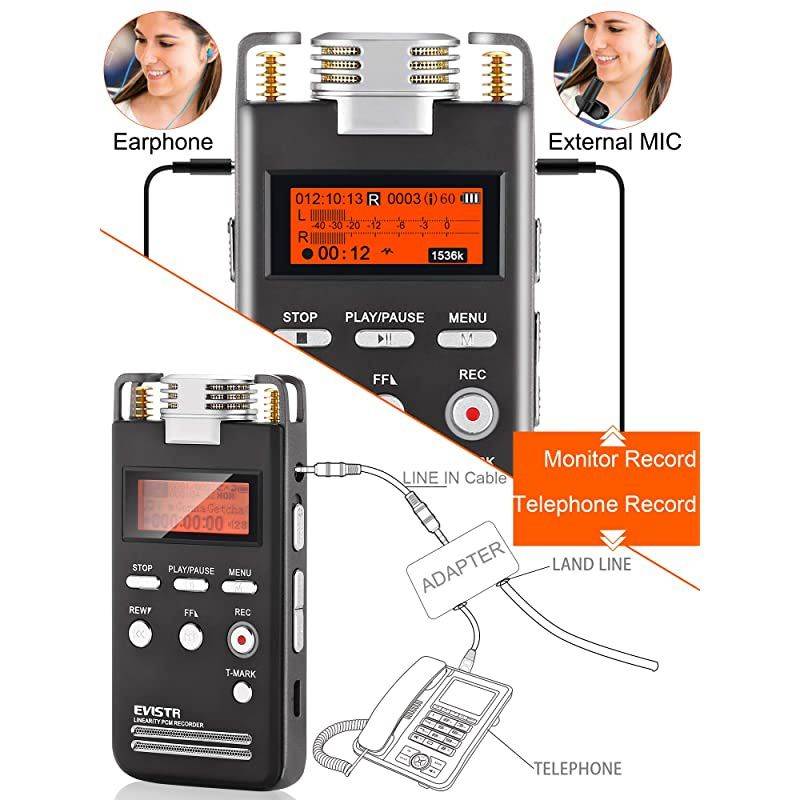 Digital Voice Recorder 8GB L531536KPBS PCM Stereo Audio Recording Device Portable Dictaphone Microphone Gain Controllable Noise Reduction