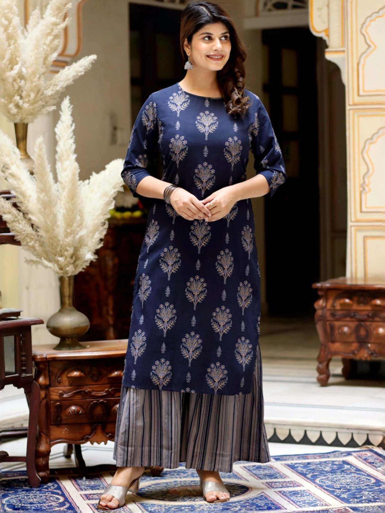 Miravan Blue Cotton Floral Print Kurta Sharara Set