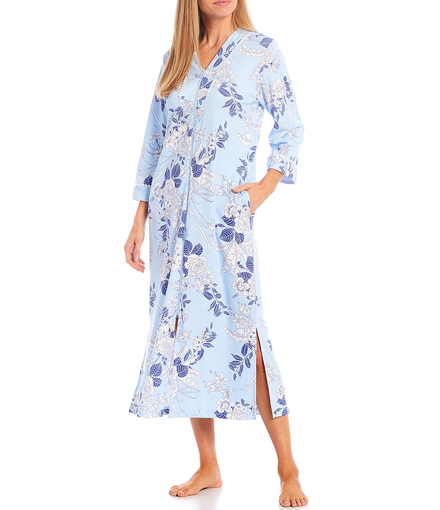 Miss Elaine Petite Floral Print Interlock Knit Long Zip Front Robe
