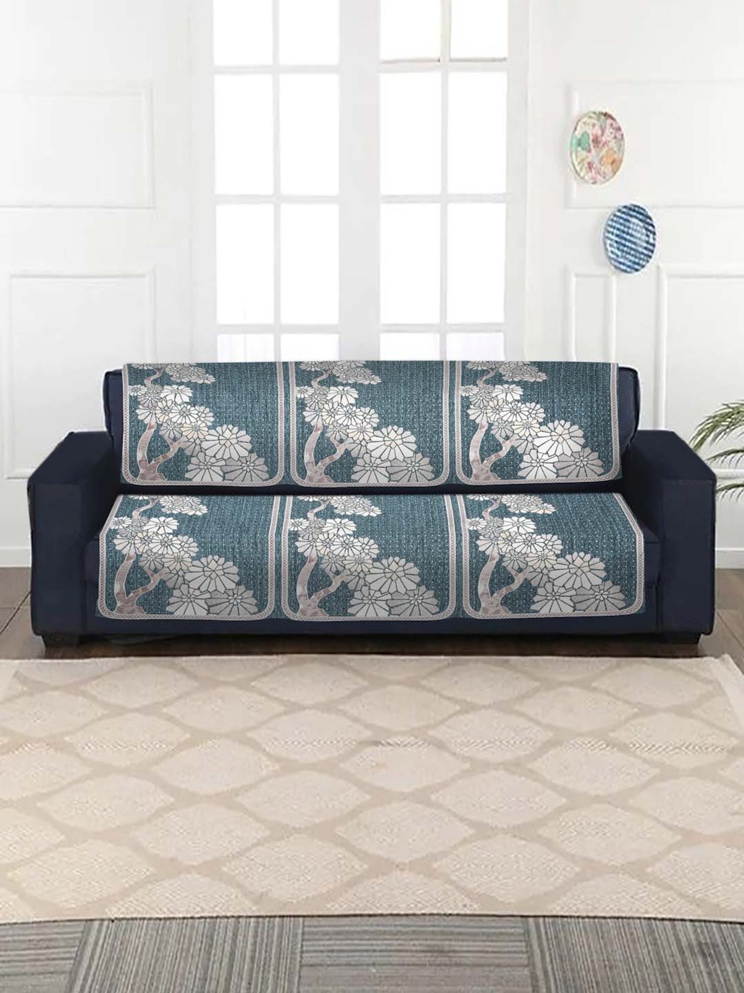 HOSTA HOMES Teal Blue & White Velvet 5-Seater Sofa Cover - Set of 10