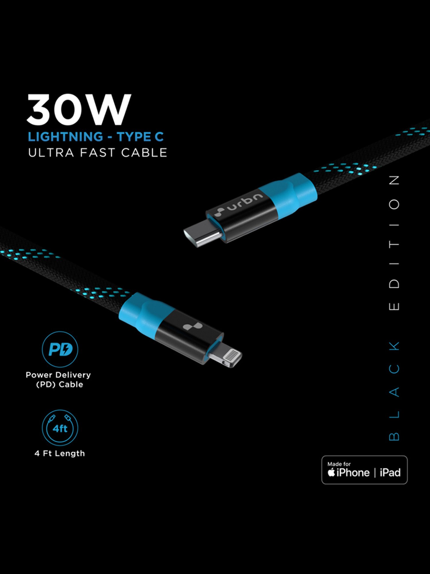 URBN 30W Apple MFi Certified Super Fast Lightning Cable, Type C to Lightning 4 Feet (Black)